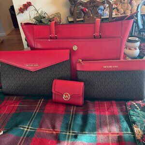 Michael Kors Red and Brown Tote, 2 Matching Pouches and Wallet Set - BRAND NEW!!